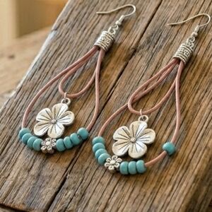 Boho Silver Flower Turquoise Beaded Teardrop Dangle Hoop Earrings